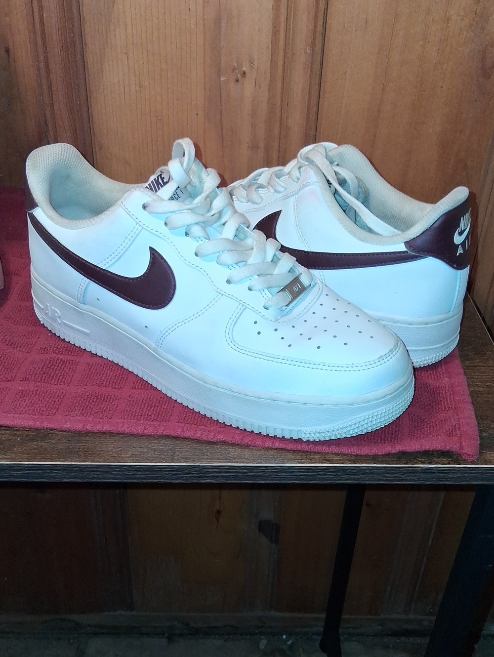 Nike Air Force One's Low-Top Sneakers — White with Dark Brown Swoosh